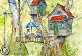 Australian Tree House.  Whimsical nature scenes in colorful watercolor from the portfolio of children’s illustrator Jim Harris.